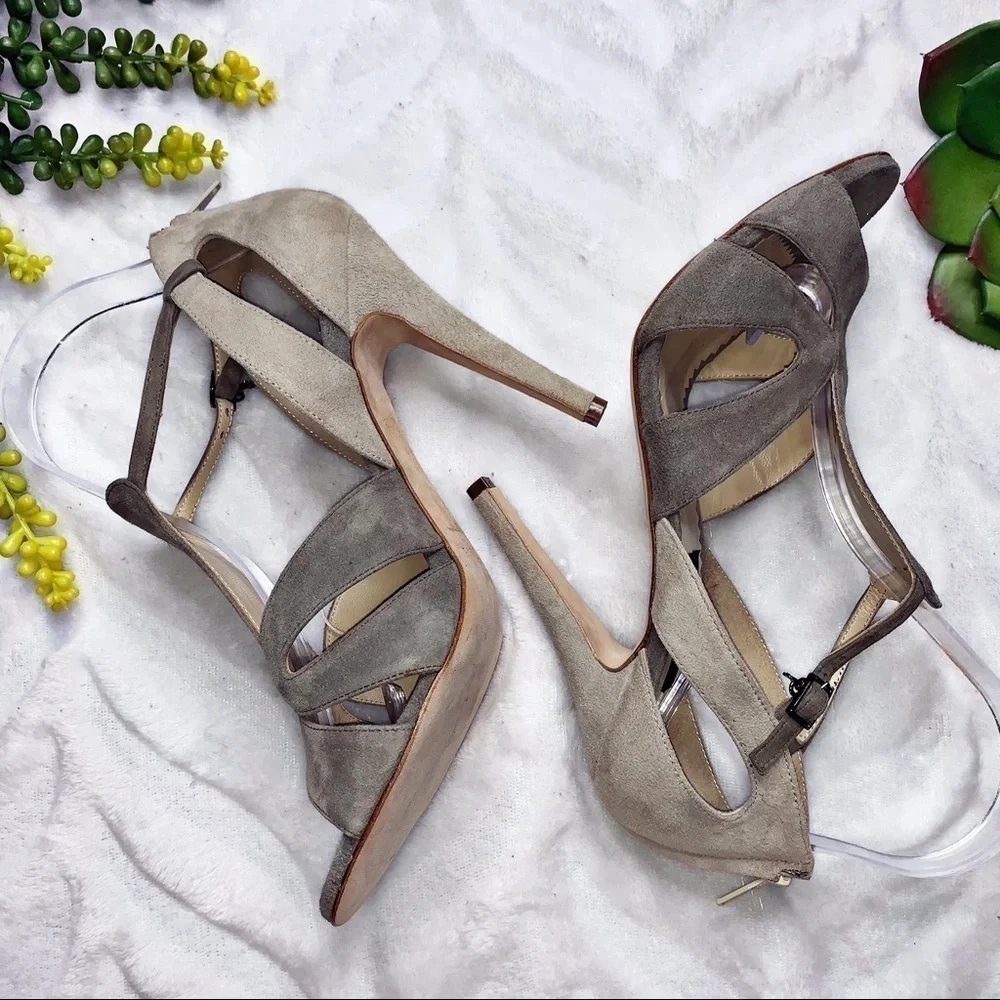 John Richmond NWOT Suede T-Strap Taupe Gray Stilettos Pumps Heels IT40/US10